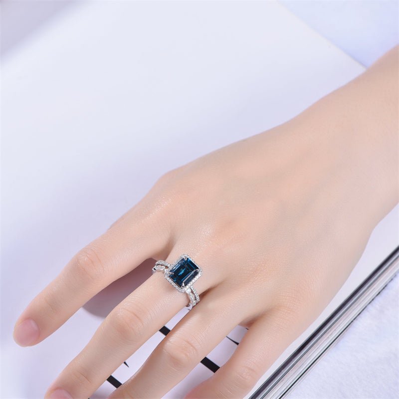 Emerald Cut London Blue Topaz Ring Art Deco Diamond Band Bridal Set - Lord of Gem Rings