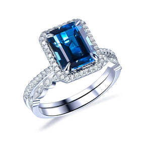 Emerald Cut London Blue Topaz Ring Art Deco Diamond Band Bridal Set - Lord of Gem Rings