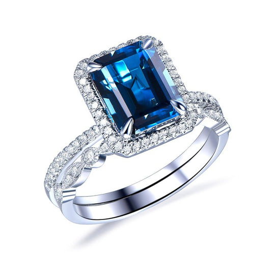Emerald Cut London Blue Topaz Ring Art Deco Diamond Band Bridal Set