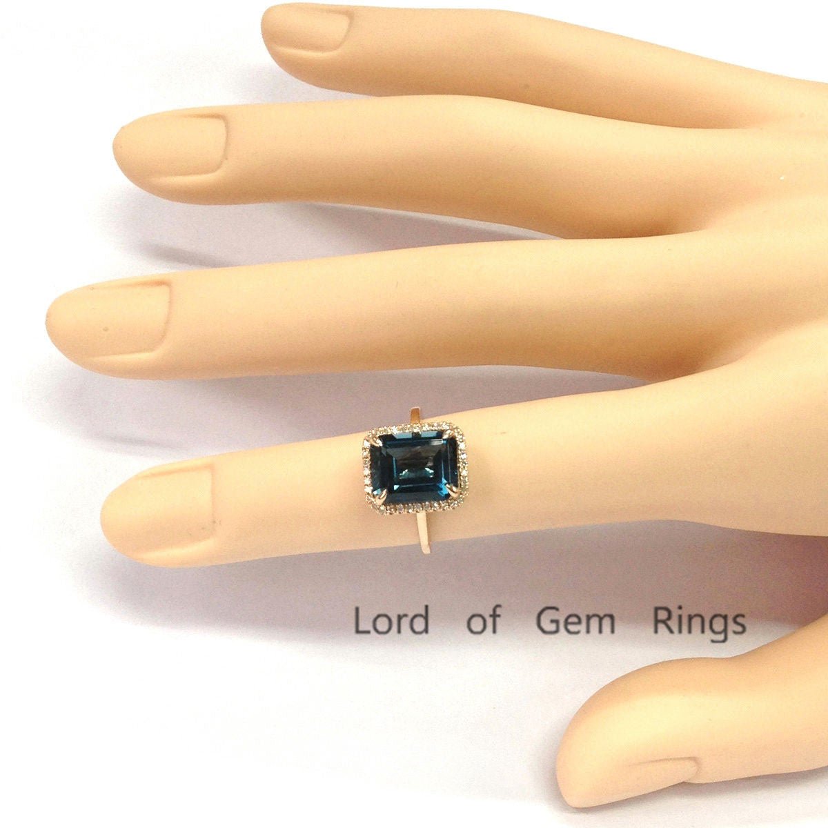 Emerald Cut London Blue Topaz Ring Pave Diamond Halo 14K Rose Gold - Lord of Gem Rings