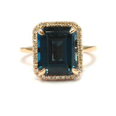 Emerald Cut London Blue Topaz Ring Pave Diamond Halo 14K Rose Gold - Lord of Gem Rings