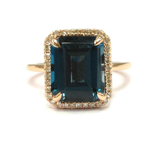 Emerald Cut London Blue Topaz Ring Pave Diamond Halo 14K Rose Gold