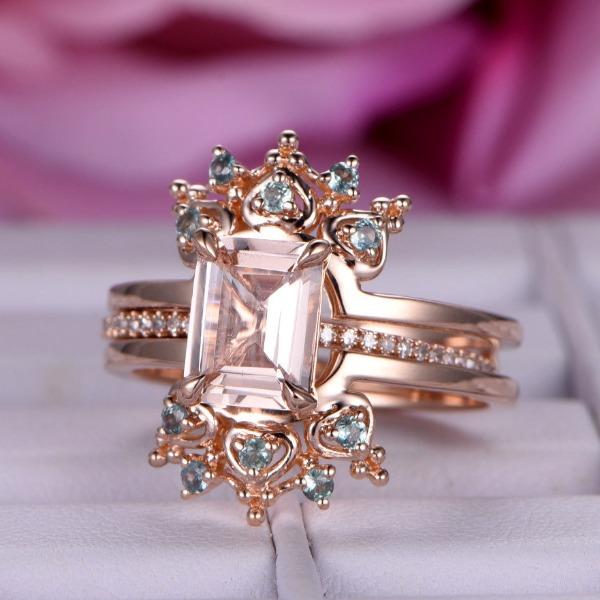 Emerald Cut Morganite Alexandrite Tiara Bridal Set - Lord of Gem Rings