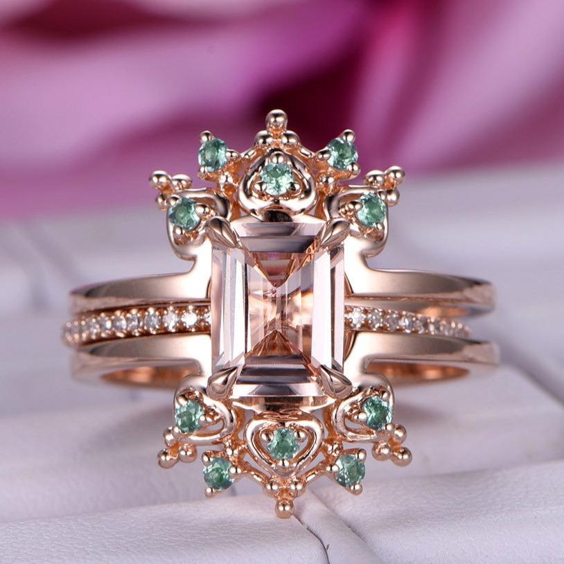 Emerald Cut Morganite Alexandrite Tiara Bridal Set - Lord of Gem Rings