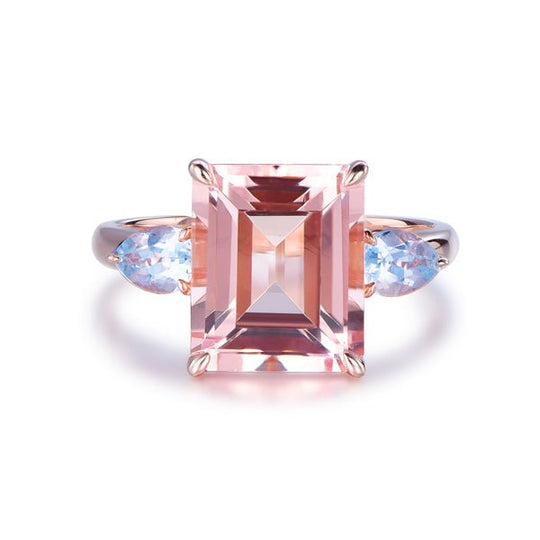 7ct Emerald Cut Morganite Pear Aquamarines Three-stone Ring