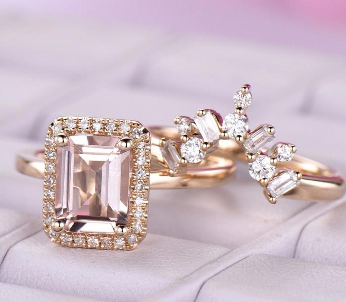 Emerald Cut Morganite Baguette Diamond Tiara Bridal Set - Lord of Gem Rings