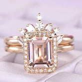 Emerald Cut Morganite Baguette Diamond Tiara Bridal Set - Lord of Gem Rings