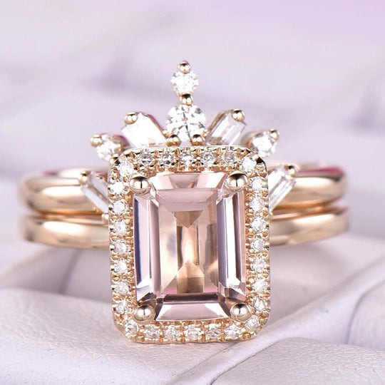 1.28ct Emerald Cut Morganite Baguette Diamond Tiara Bridal Set