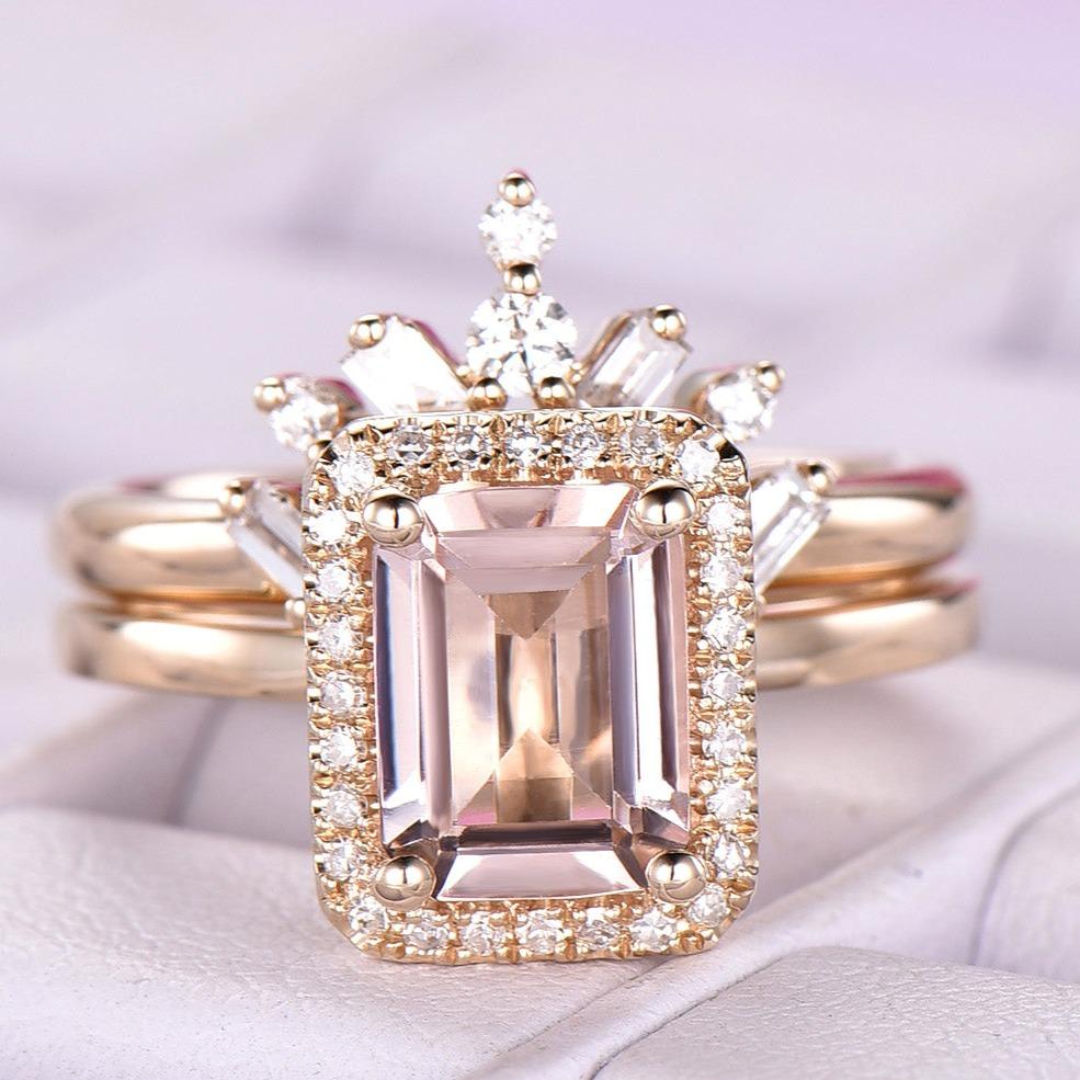 Emerald Cut Morganite Baguette Diamond Tiara Bridal Set - Lord of Gem Rings