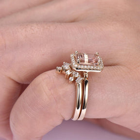 Emerald Cut Morganite Baguette Diamond Tiara Bridal Set - Lord of Gem Rings