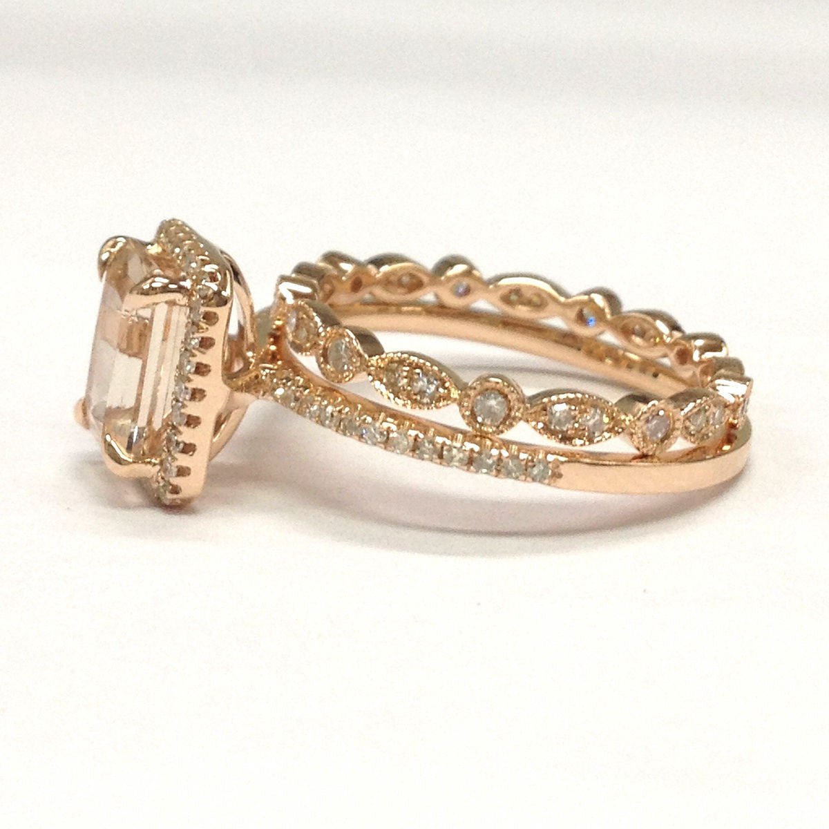 Emerald Cut Morganite Bridal Set Art Deco Diamond Band - Lord of Gem Rings