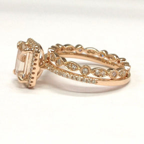 Emerald Cut Morganite Bridal Set Art Deco Diamond Band - Lord of Gem Rings