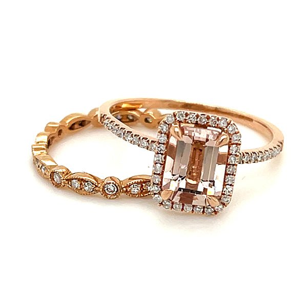 Emerald Cut Morganite Bridal Set Art Deco Diamond Band - Lord of Gem Rings