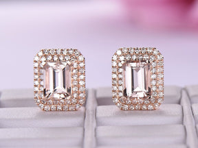Emerald Cut Morganite Double Diamonds Halo Stud Earrings 14K Rose Gold - Lord of Gem Rings