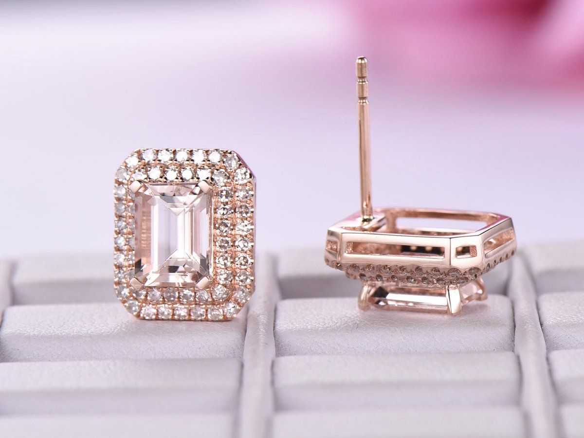 Emerald Cut Morganite Double Diamonds Halo Stud Earrings 14K Rose Gold - Lord of Gem Rings