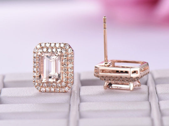 Emerald Cut Morganite Double Diamonds Halo Stud Earrings 14K Rose Gold