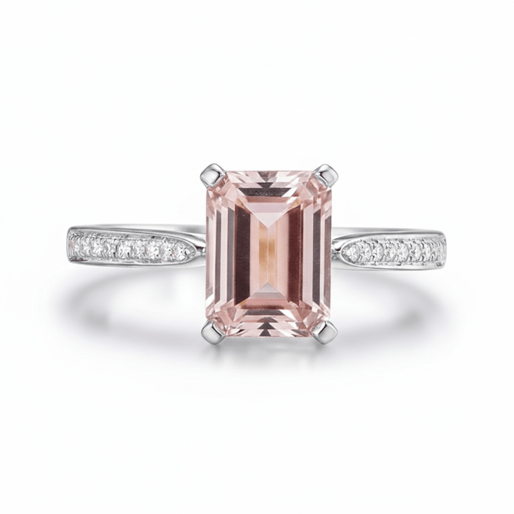 Emerald Cut Morganite Engagement Ring in 14K Gold – Diamond Half Band (1.75ct or 2.5ct) - Lord of Gem Rings