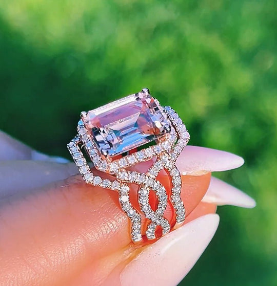 Emerald Cut Morganite Halo Ring Infinity Motif Ring Guards Trio Bridal Set
