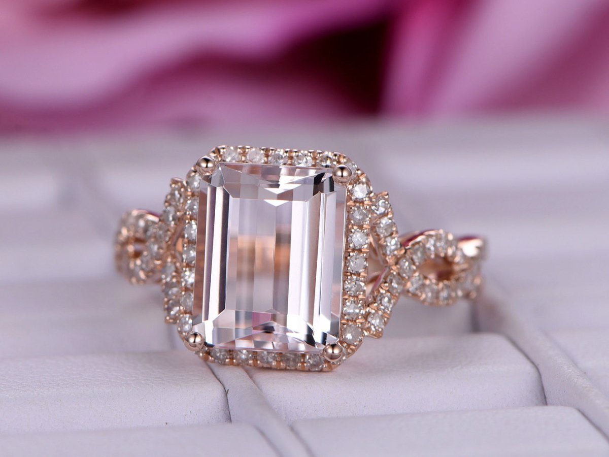 Emerald Cut Morganite Infinite Love Ring with Diamond Halo - Lord of Gem Rings