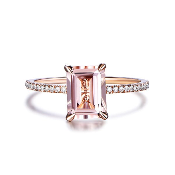 Emerald Cut Morganite Ring Diamond Hidden Accents 14K Gold - Lord of Gem Rings