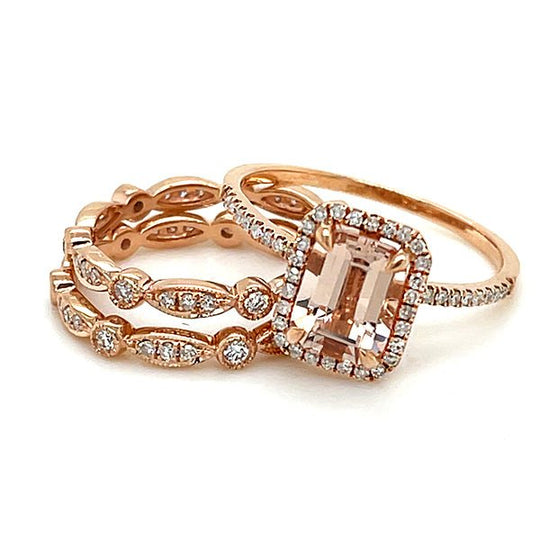 1.4ct Emerald Cut Morganite Ring Vintage Trio Bridal Set 14K Gold