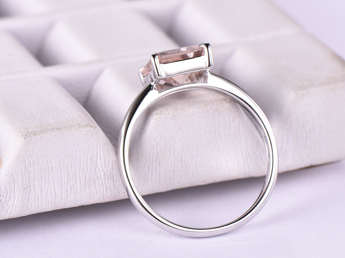 Emerald Cut Morganite Solitaire Ring 14K White Gold - Lord of Gem Rings