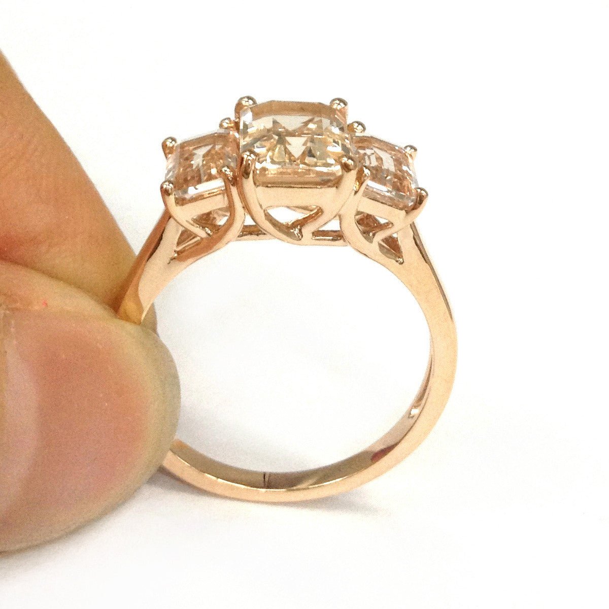 Emerald Cut Morganite Three-Stone Trellis Engagement Ring - Lord of Gem Rings