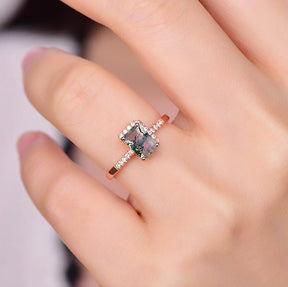 Emerald Cut Natural Moss Agate Diamond Half Halo Engagement Ring 14K Rose Gold - Lord of Gem Rings