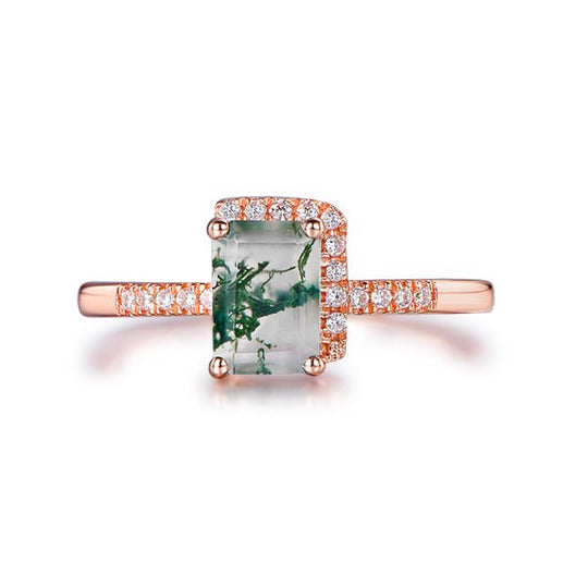 Emerald Cut Natural Moss Agate Diamond Half Halo Engagement Ring 14K Rose Gold