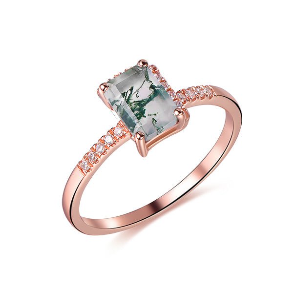 Emerald Cut Natural Moss Agate Diamond Half Halo Engagement Ring 14K Rose Gold - Lord of Gem Rings