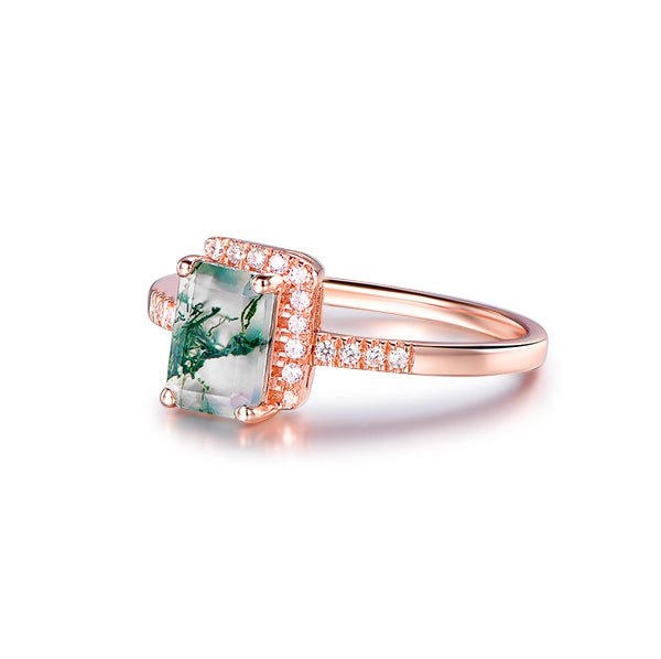 Emerald Cut Natural Moss Agate Diamond Half Halo Engagement Ring 14K Rose Gold - Lord of Gem Rings