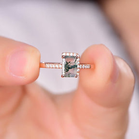 Emerald Cut Natural Moss Agate Diamond Half Halo Engagement Ring 14K Rose Gold - Lord of Gem Rings