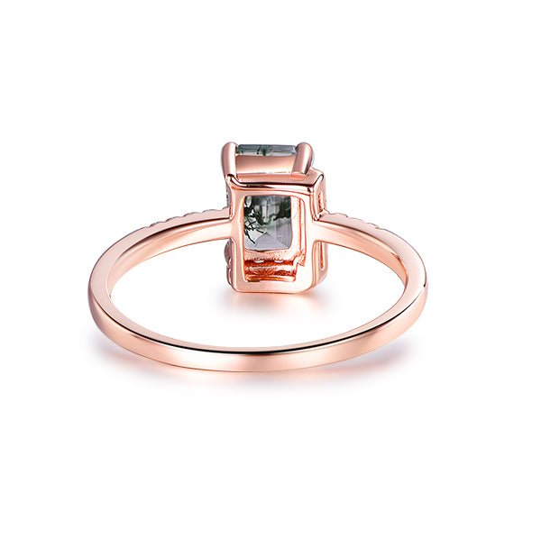 Emerald Cut Natural Moss Agate Diamond Half Halo Engagement Ring 14K Rose Gold - Lord of Gem Rings