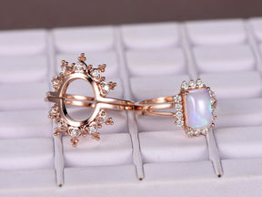 Emerald Cut Opal & Moissanite Tiara Bridal Set 14K Rose Gold - Lord of Gem Rings