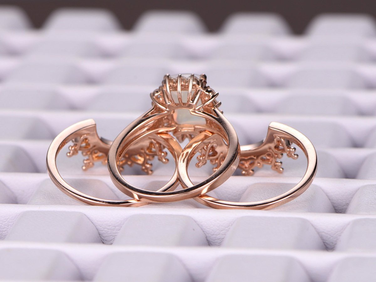Emerald Cut Opal & Moissanite Tiara Bridal Set 14K Rose Gold - Lord of Gem Rings