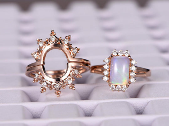 Emerald Cut Opal & Moissanite Tiara Bridal Set 14K Rose Gold