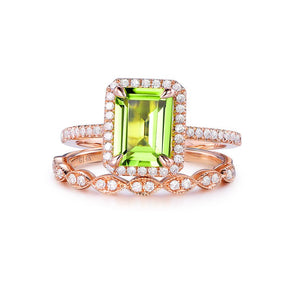 Emerald Cut Peridot Diamond Art Deco Bridal Set 14K Rose Gold - Lord of Gem Rings