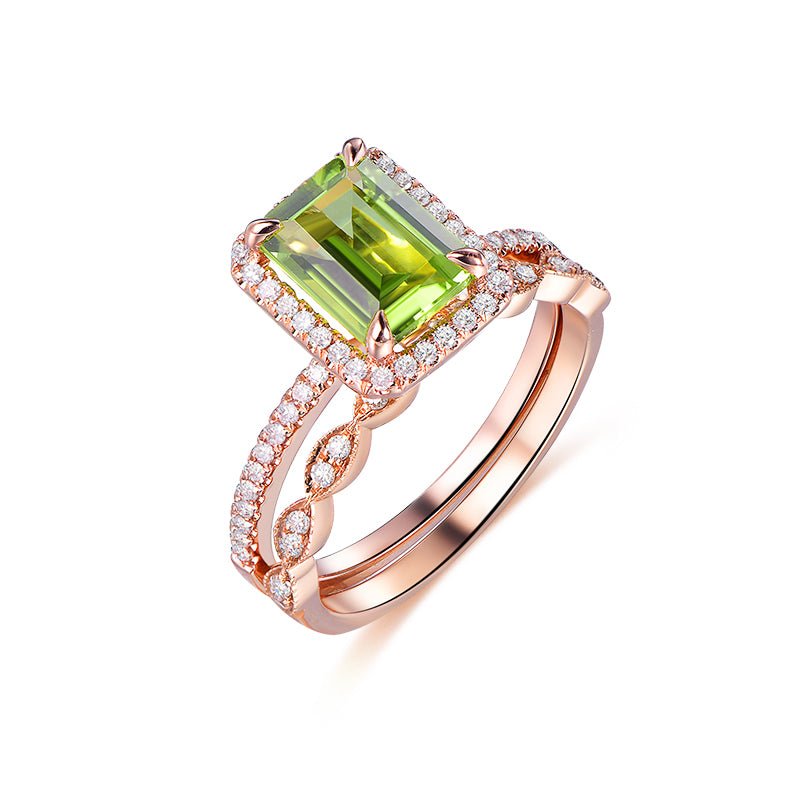 Emerald Cut Peridot Diamond Art Deco Bridal Set 14K Rose Gold - Lord of Gem Rings