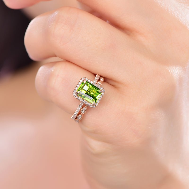 Emerald Cut Peridot Diamond Art Deco Bridal Set 14K Rose Gold - Lord of Gem Rings