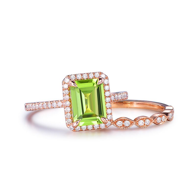 Emerald Cut Peridot Diamond Art Deco Bridal Set 14K Rose Gold - Lord of Gem Rings