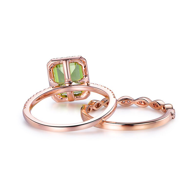 Emerald Cut Peridot Diamond Art Deco Bridal Set 14K Rose Gold - Lord of Gem Rings