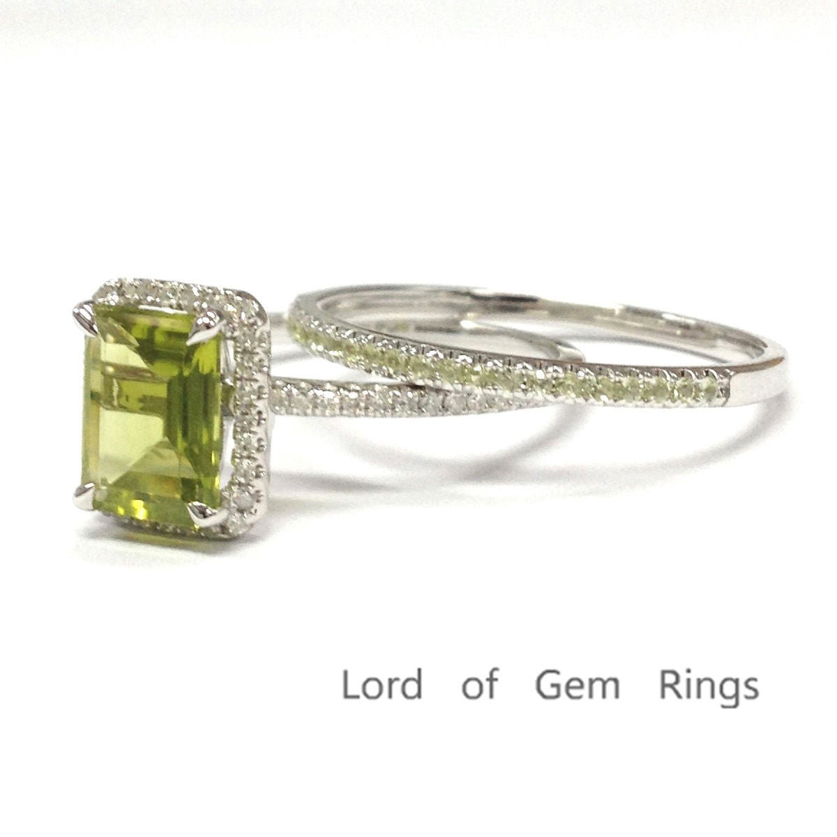 Emerald Cut Peridot Diamond Bridal Set 14K White Gold - Lord of Gem Rings