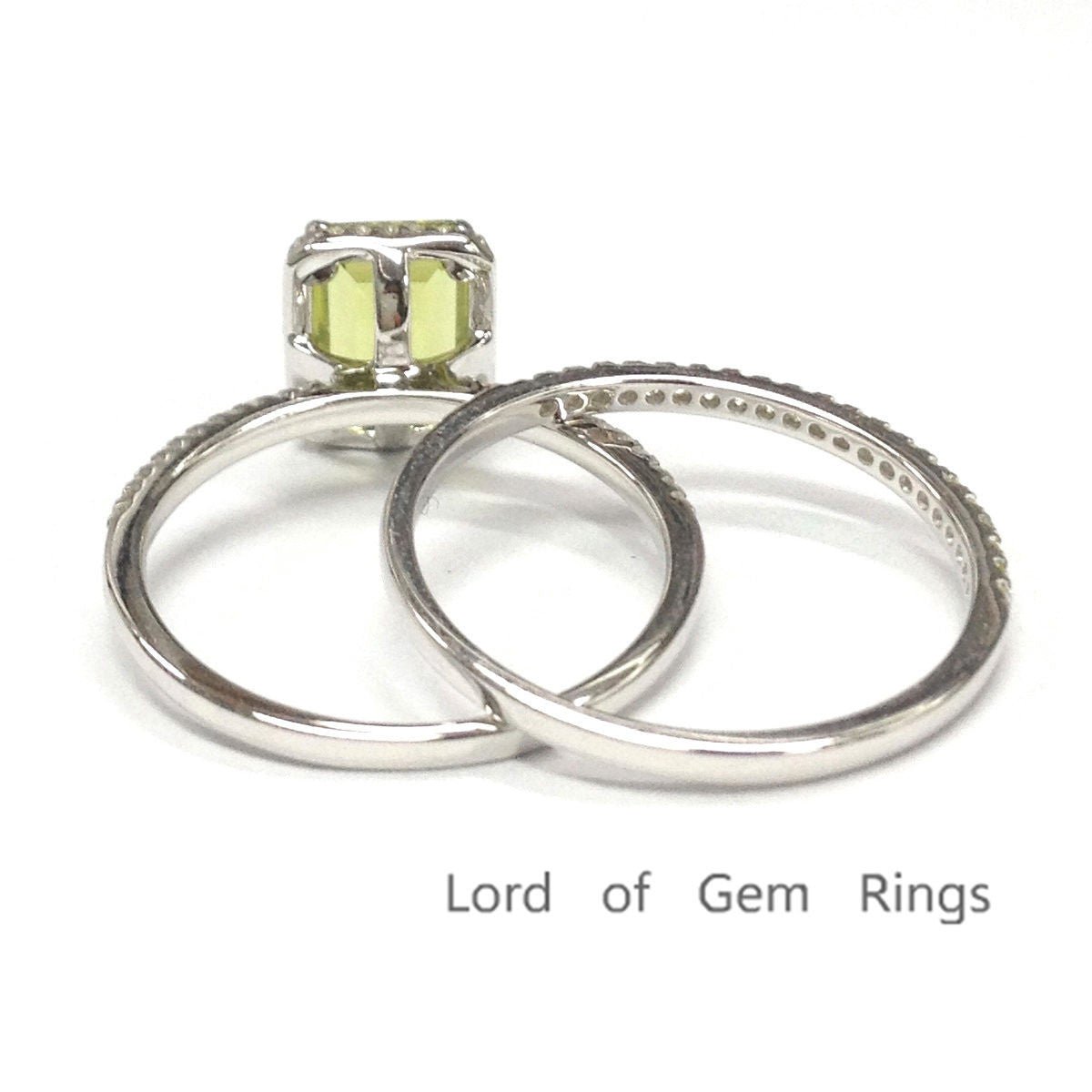 Emerald Cut Peridot Diamond Bridal Set 14K White Gold - Lord of Gem Rings