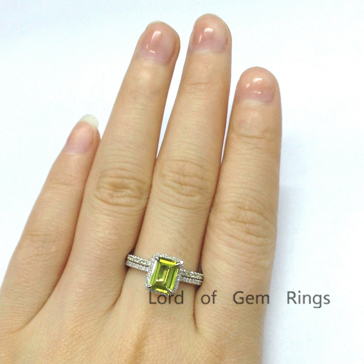 Emerald Cut Peridot Diamond Bridal Set 14K White Gold - Lord of Gem Rings