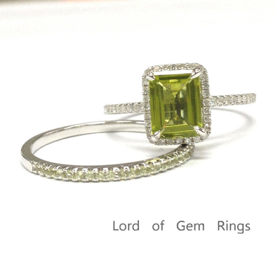Emerald Cut Peridot Diamond Bridal Set 14K White Gold