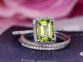 Emerald Cut Peridot Diamond Bridal Trio Set 14K White Gold - Lord of Gem Rings