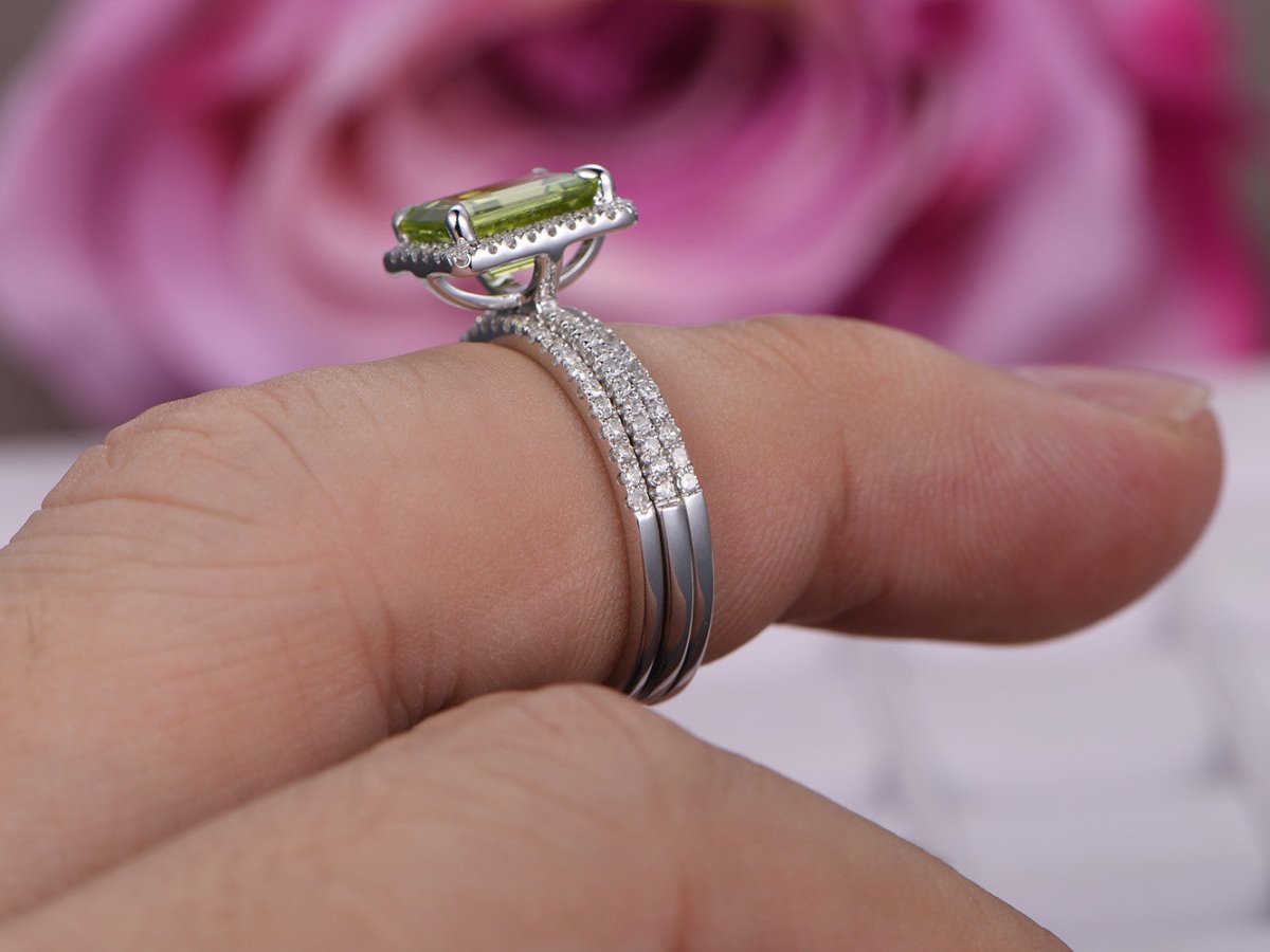 Emerald Cut Peridot Diamond Bridal Trio Set 14K White Gold - Lord of Gem Rings