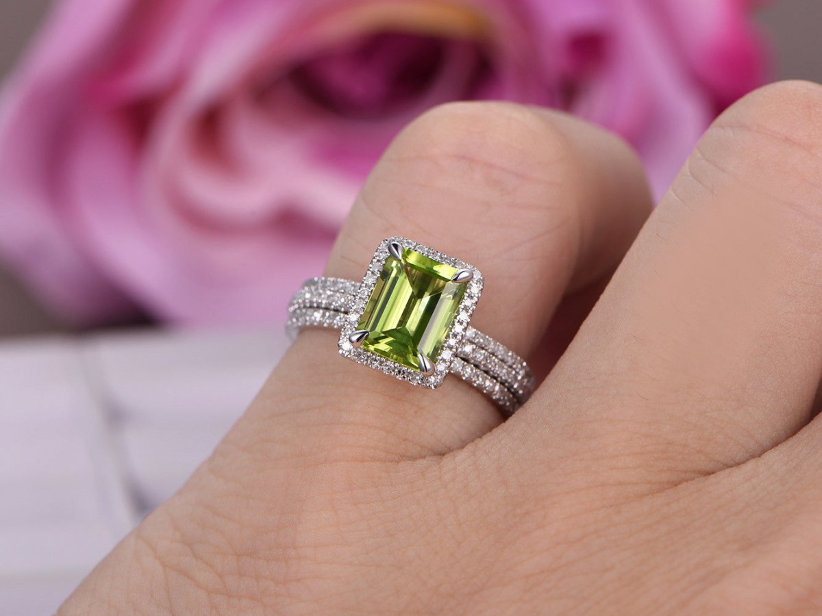 Emerald Cut Peridot Diamond Bridal Trio Set 14K White Gold - Lord of Gem Rings