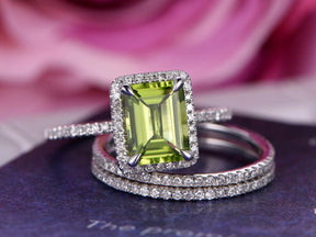 Emerald Cut Peridot Diamond Bridal Trio Set 14K White Gold - Lord of Gem Rings