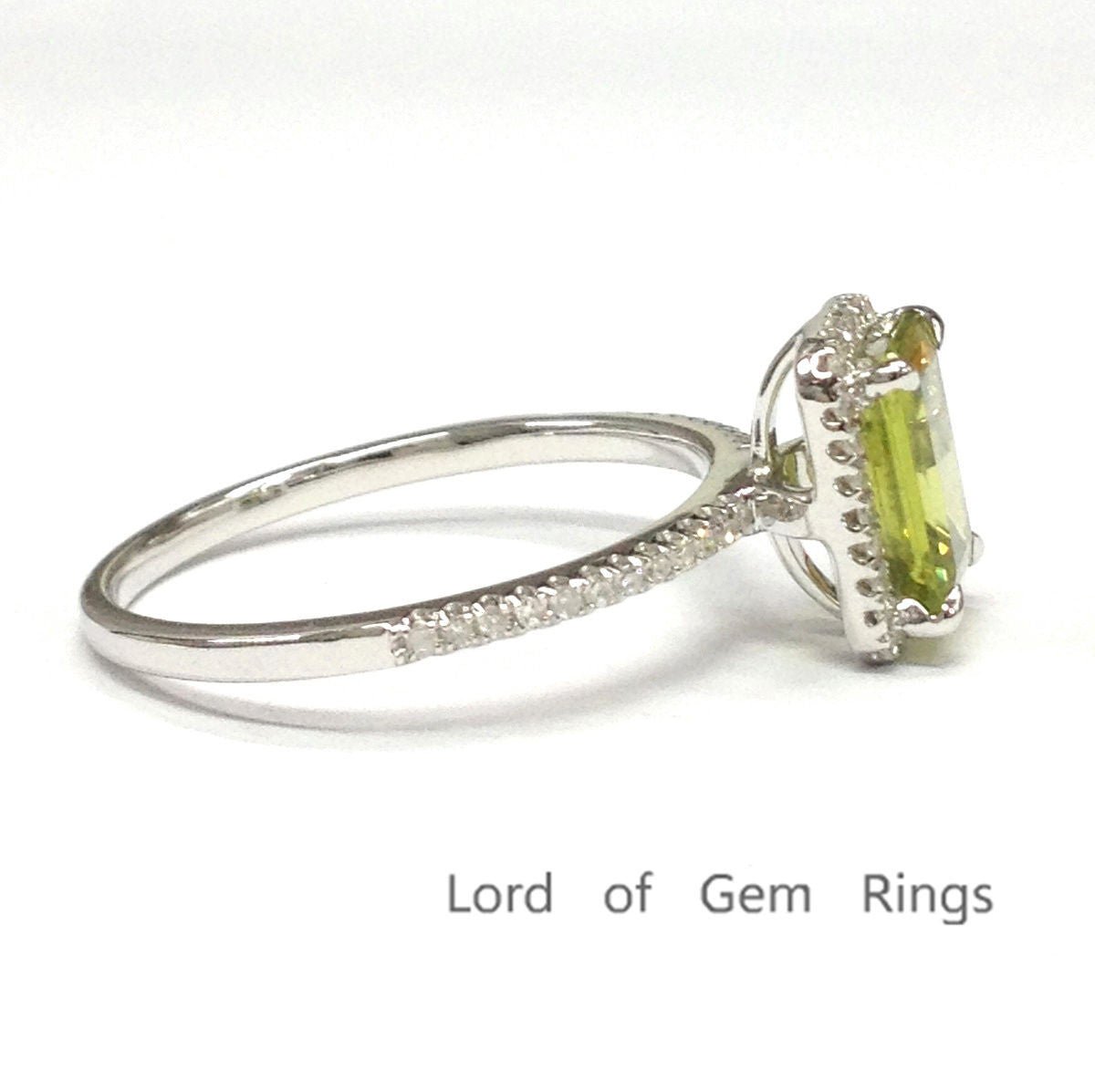 Emerald Cut Peridot Diamond Halo Engagement Ring 14K White Gold - Lord of Gem Rings